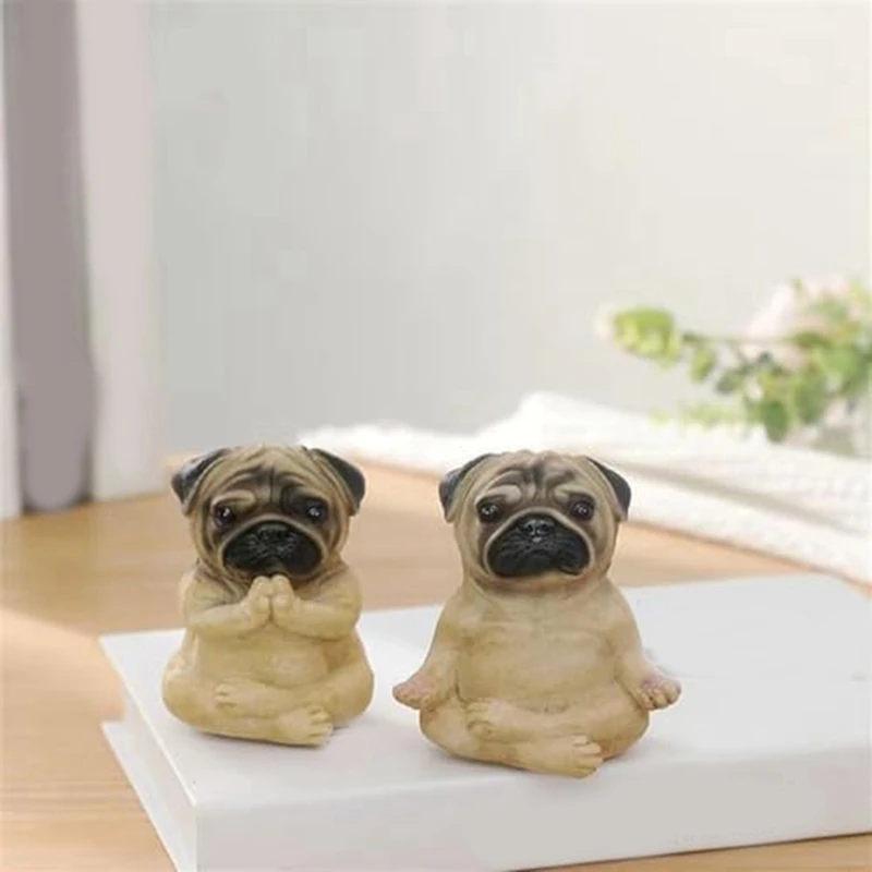 2 Piece Pug Statue Home Decor,Yoga Sitting Pug Puppy Figurine, Pug Puppy Partner Collectible Dog Statue, Mini Puppy Statue