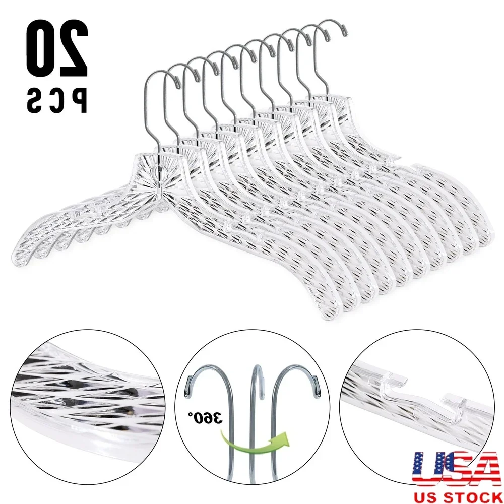 

20 Pack Heavy Duty Clear Plastic Hangers 360 Degree Rotatable Hook Crystal Design Closet Hangers Shirts Dresses Coats
