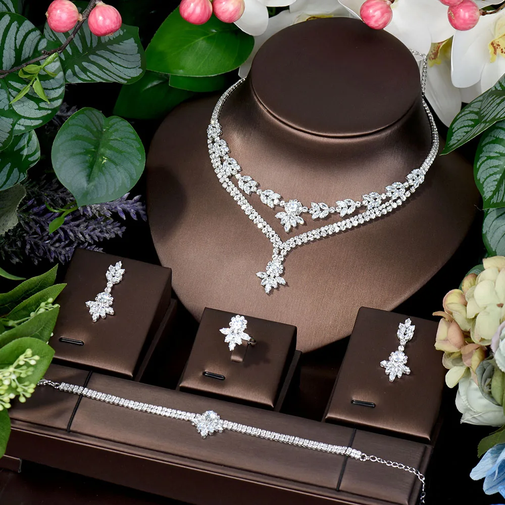 

HIBRIDE Two Layers Cubic Nigerian Jewelry Set For Women 4pcs Earring And Necklace Set Bridal Weeding Accessories bijoux N-583