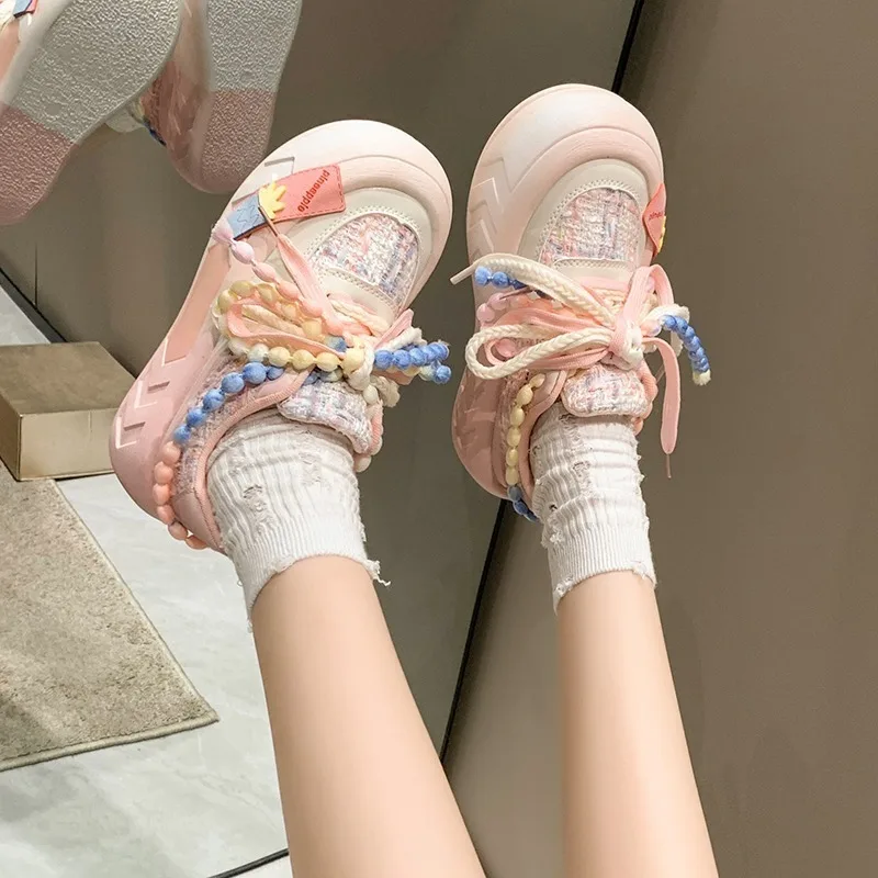 5CM damskie buty na wyprzedaży modne Kawaii z okrągłym noskiem sznurowane damskie buty wulkanizowane wiosna płaskie na zewnątrz oddychające damskie