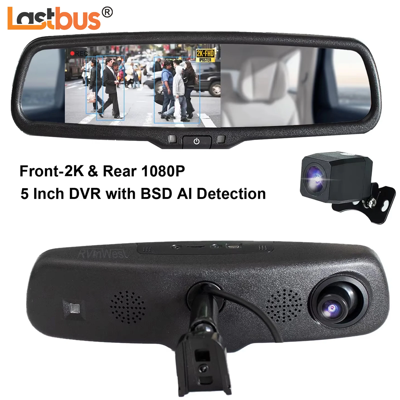 

Lastbus Dual Lens 5" IPS Auto Dimming Rearview Mirror Monitor DVR Digital Video Recorder Front 2K Rear 1080P Original Bracket
