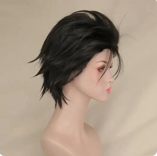 Wig Cosplay pendek Pria, rambut palsu sintetik serat suhu 100% tinggi hitam