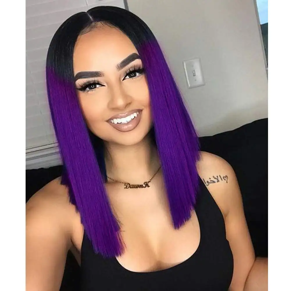 

Black to Purple Bob Wig Shoulder Length Bob Hair Short Straight Hair Bob Wigs for Women Ombre Purple Bob Wig (Ombre Purple)