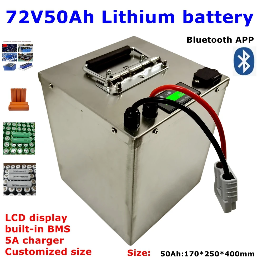 LL -Batterie lithium-ion étanche 72V, 50Ah, BMS 20S, avec fonctions Bluetooth, pour scooter, moto, vélo électrique, avec chargeu