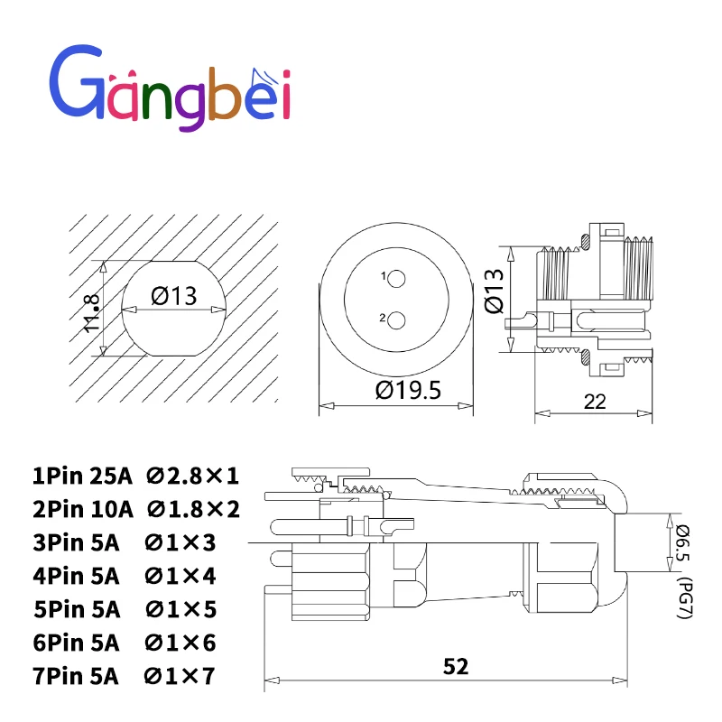 SP13 Waterproof connector SP1310 2pin 3pin 4pin 5pin 6pin 7pin Waterproof Aviation plug cable connector IP68 SP13 13mm Gangbei