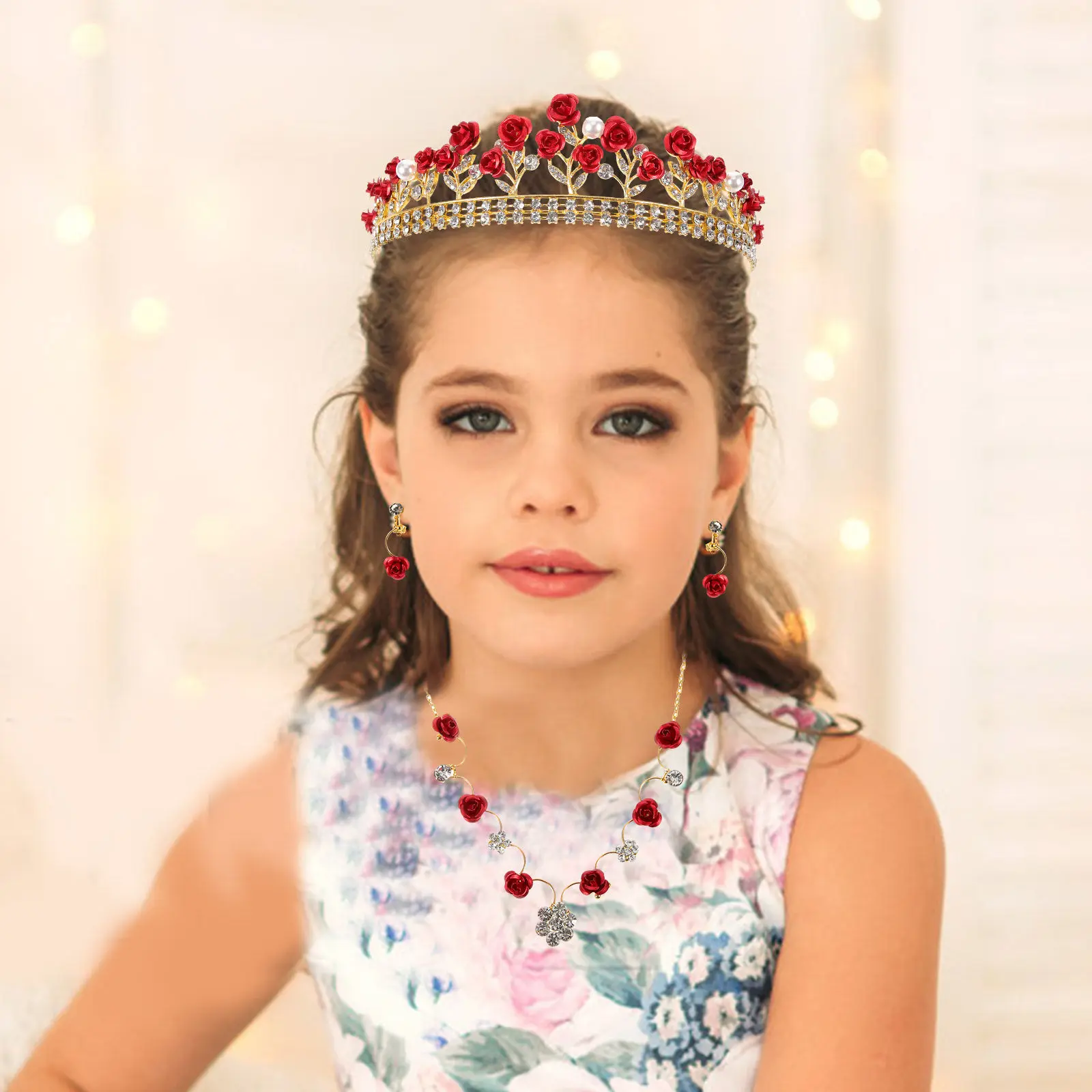 

1Set Children Crown Headdress Exquisite Necklace Earring Jewelry Red Elegant Design Birthday Party Celebrations