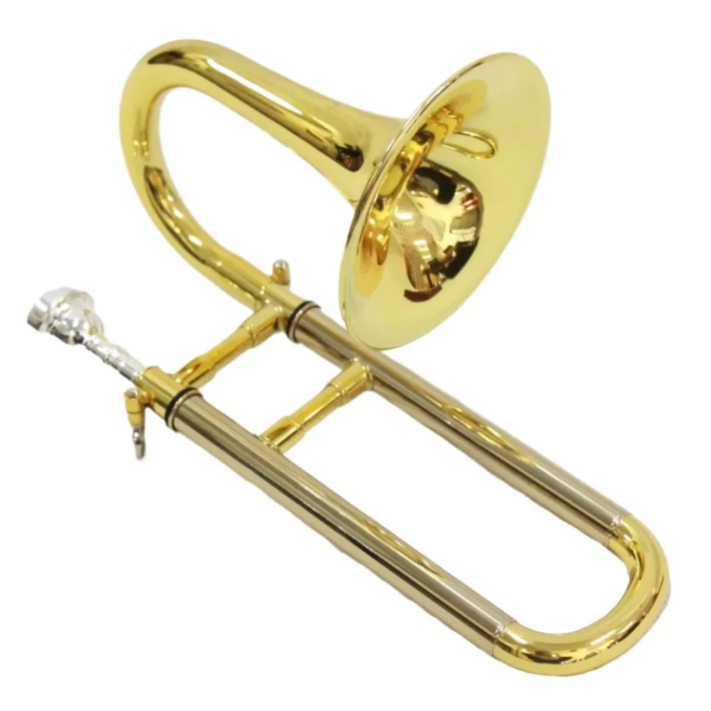 Price discount concentrated on high-end brass body of piccolo trombone, gold trombone instrument with display stand for sale