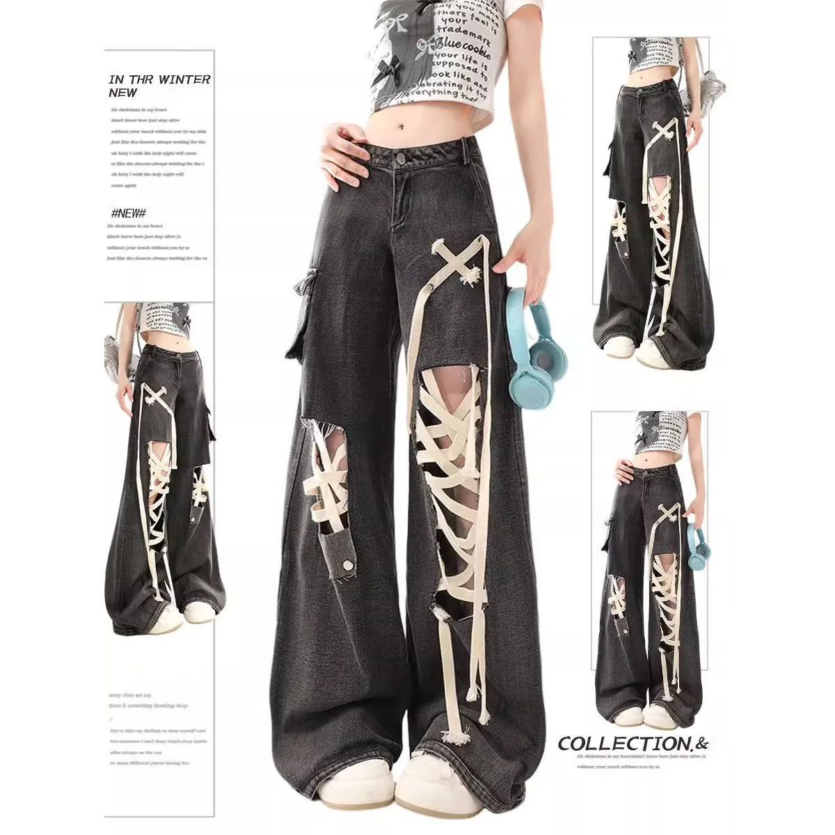 

Women's Summer Streetwear Tie-Dye Ripped Denim Pants High Street Punk Style Loose Slim-Fit Wide Leg Floor-Length Trousers