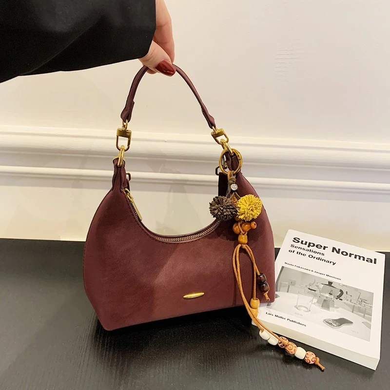 

Faux Suede Solid Color Zipper Beaded Pendant Boston 2026 New Trend Bags High-end Design Light Luxury Simple Crossbody Bags