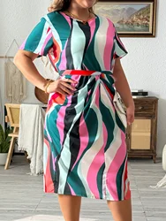 Plus Size Geometric Print Belted Dress, Elegant Crew Neck Cap Sleeve Dress For Spring & Summer, Women's Plus Size Clothing