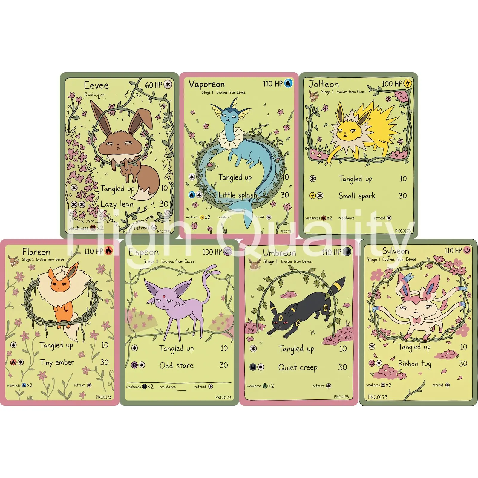 7Pcs PKM Cards PTCG Awkward Garden Doodle Style Eevee Vaporeon Jolteon Flareon Espeon Umbreon Sylveon Collection Cards PTCG