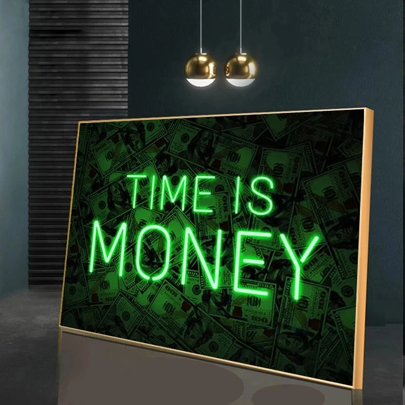 Time Is Money Cash Neon Sign Motivational Canvas Painting Posters and Prints Wall Art Pop Picture for Living Room Home Decor