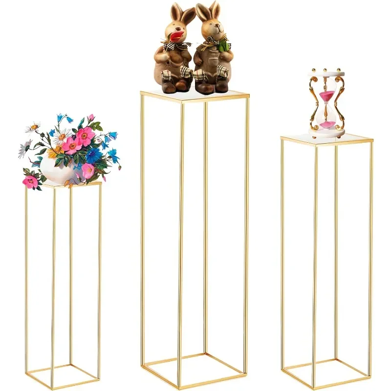 3PCS Cylinder Pedestal Stands for Parties, Square Gold Metal Plant Cylinder Stands for Party Flowers