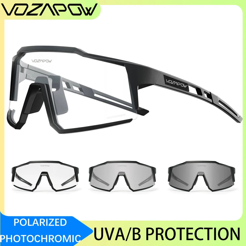 Vozapow Cycling Glasses Photochromic Sport Sunglasses Men Women Mountain Bike Road Running Driving Hiking Polarized Eyewears