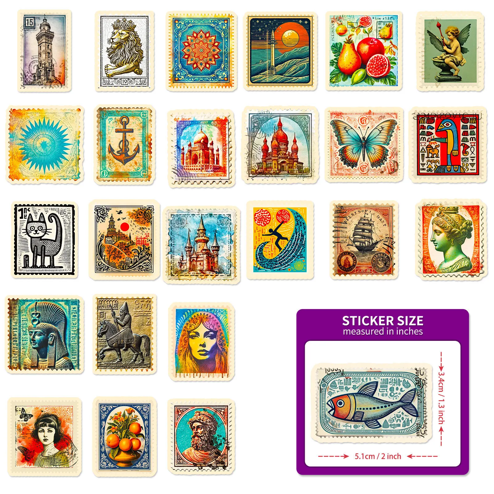 50/100PCS Retro Stamp Style Sticker European Theme Decor Decals Mobile Phone Laptop Diary Guitar Car Luggage Stationery Stickers