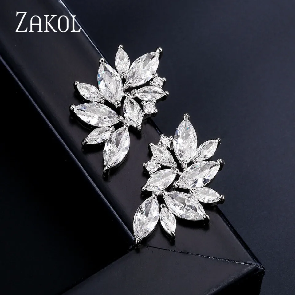 

ZAKOL Fashion Shiny Cubic Zirconia Flower Stud Earrings for Women White Leaf Earring Glamour Bridal Wedding Jewelry