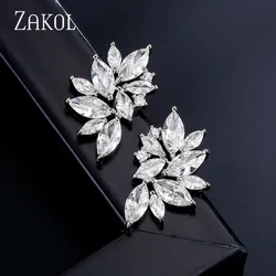 ZAKOL Fashion Shiny Cubic Zirconia Flower Stud Earrings for Women White Leaf Earring Glamour Bridal Wedding Jewelry