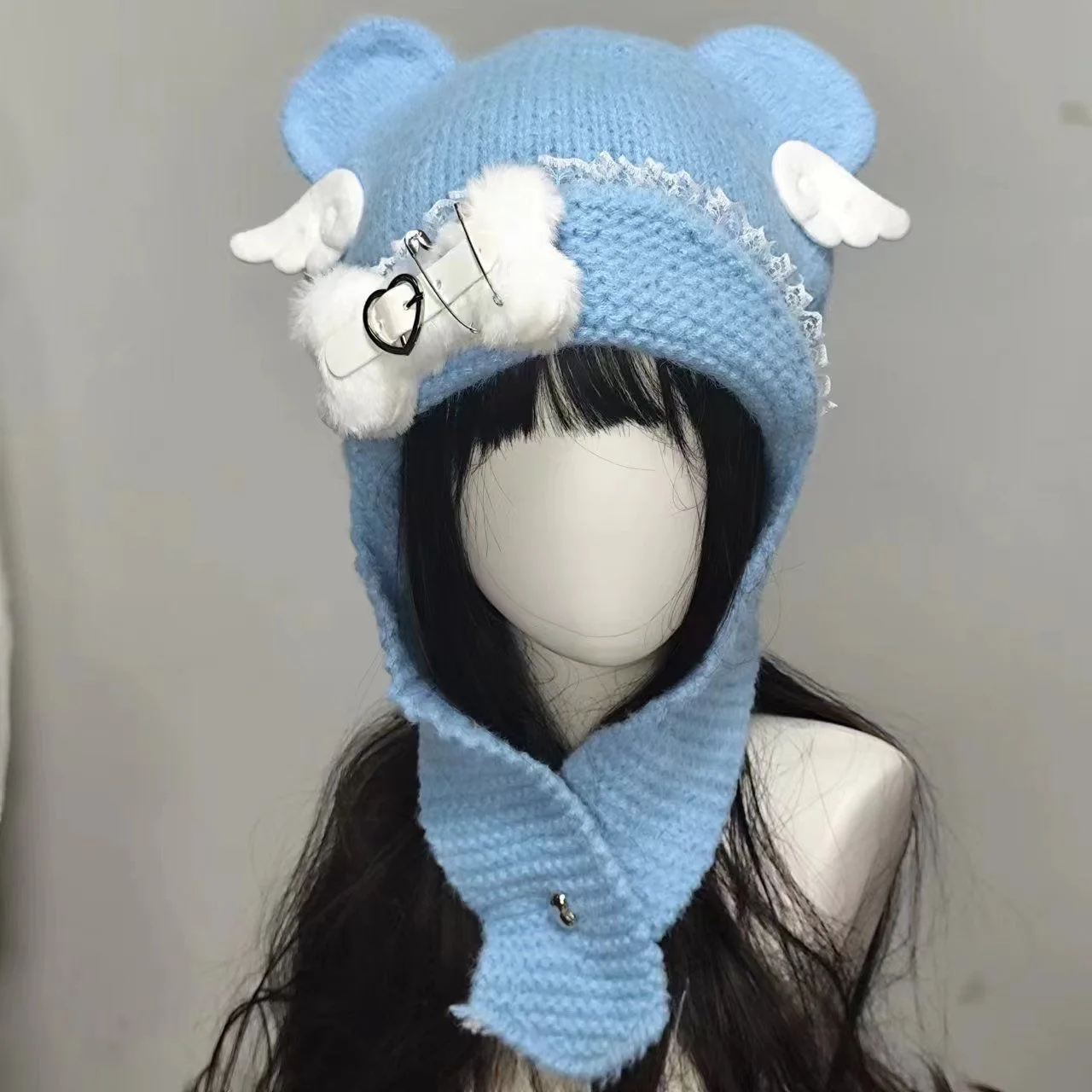 Y2K Sweet Bear Ears Thicken Knitted Hats Women Girls Soft Plush Head Protection Beanies Cute Harajuku Gothic Caps