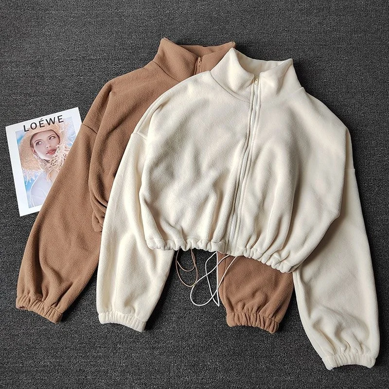 

Autumn/Winter American Hot Girl Lamb Fleece Stand up Collar Zipper Hoodie Women's Loose Drawstring Fitness Clothing Warm Yoga