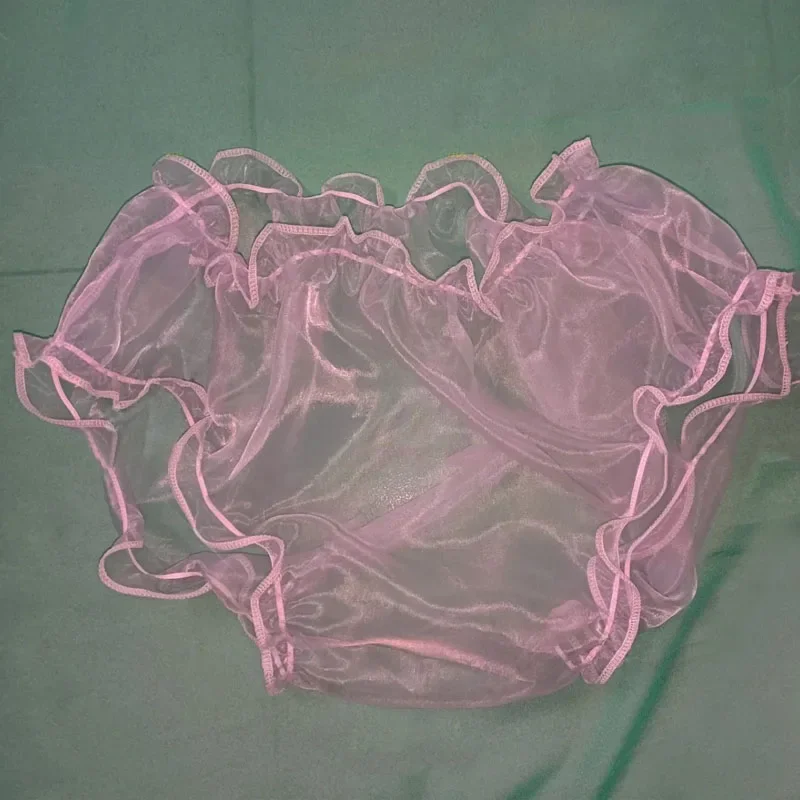 

Adult Baby Sexy Transparent Pink Glossy Silky Touch Underpant Elastic Waist Panties Ruffled See Through Briefs FKK Private Party