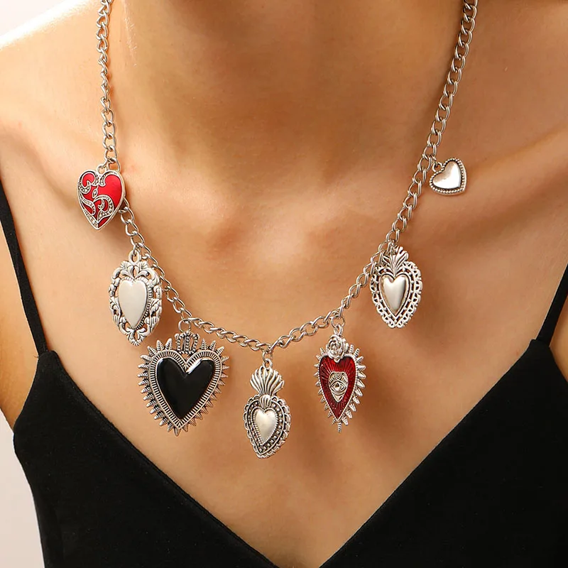 Sacred Heart Pendant Necklace Silver Color Chain Retro Religious Personalized Luxury Women Design Jewelry Red Heart Necklace