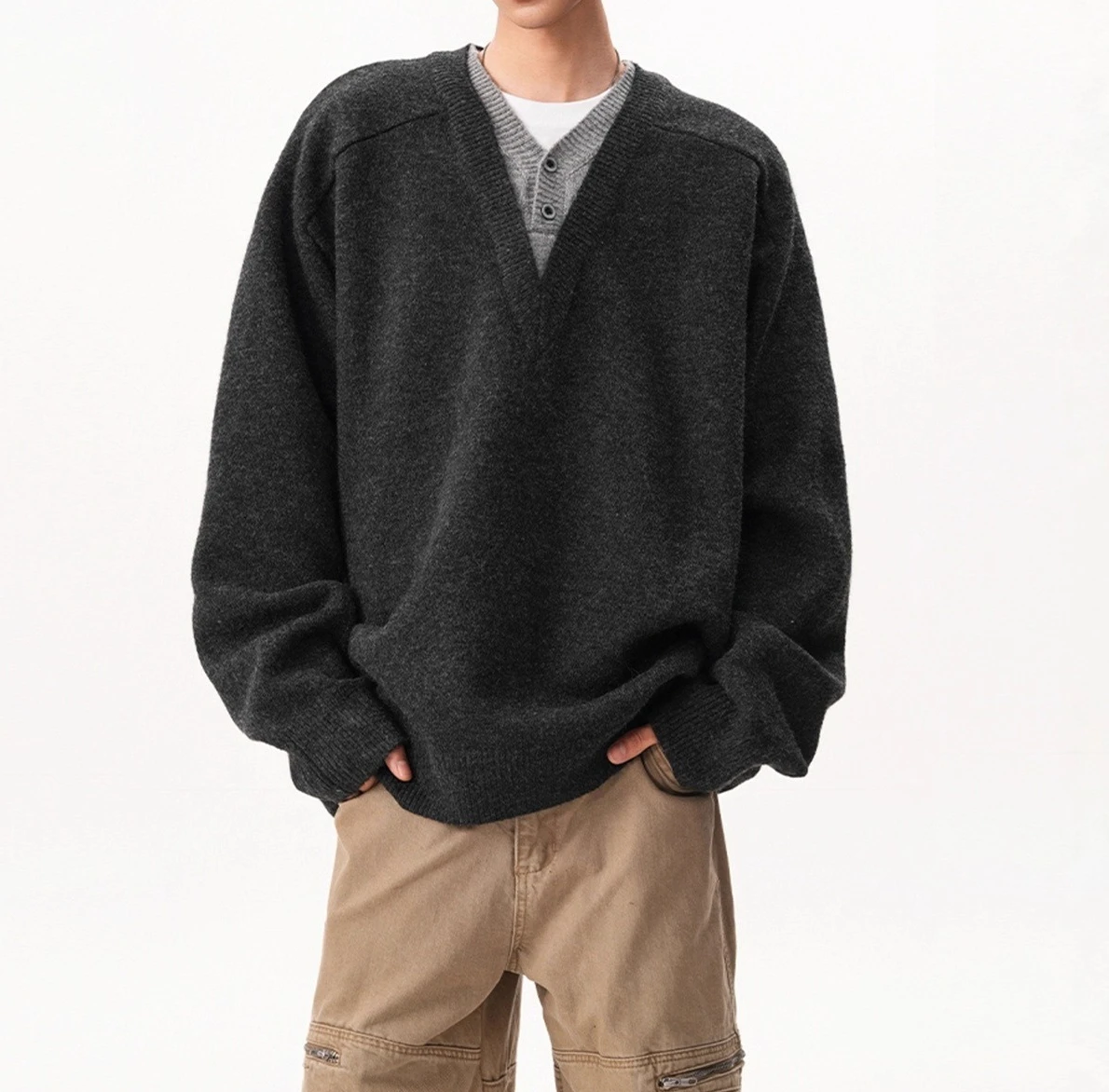 

2026 New Fake Two Pieces V-neck Knitted Sweater Men's Retro Lazy Wind Polo Pullover Loose Long Sleeves