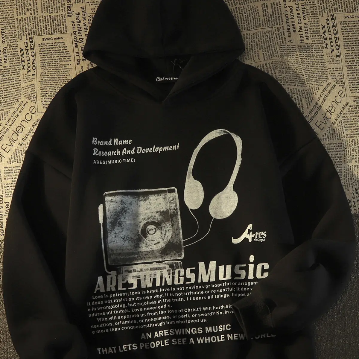 

Headphone printing retro hooded sweater for men and women spring and autumn loose high street