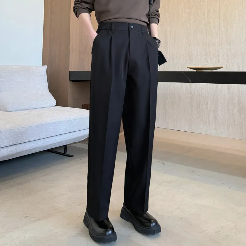 

New 2026SS Men's Folded Straight Leg Suit Pants Elastic Waist Loose Casual Long Trousers Faionable Urban Sle High Waist L...