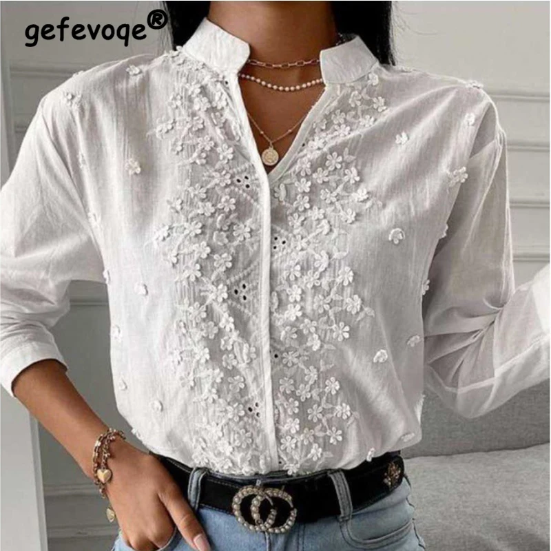 Spring Autumn New Embroidery Floral Cotton Blouse Women Solid Lady Long Sleeve Shirt Hollow-out Patterns Casual Lace Chic Tops