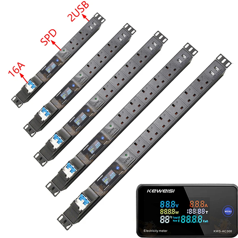 

Network cabinet installation power distribution device 2-10 way universal socket voltmeter ammeter 2USB