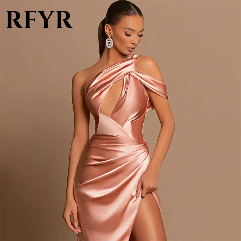 RFYR Pink Prom Dress One Shoulder Trumpet Evening Dress Sleeveless Party Dress with Pleats Satin Side Split Robe De Soirée