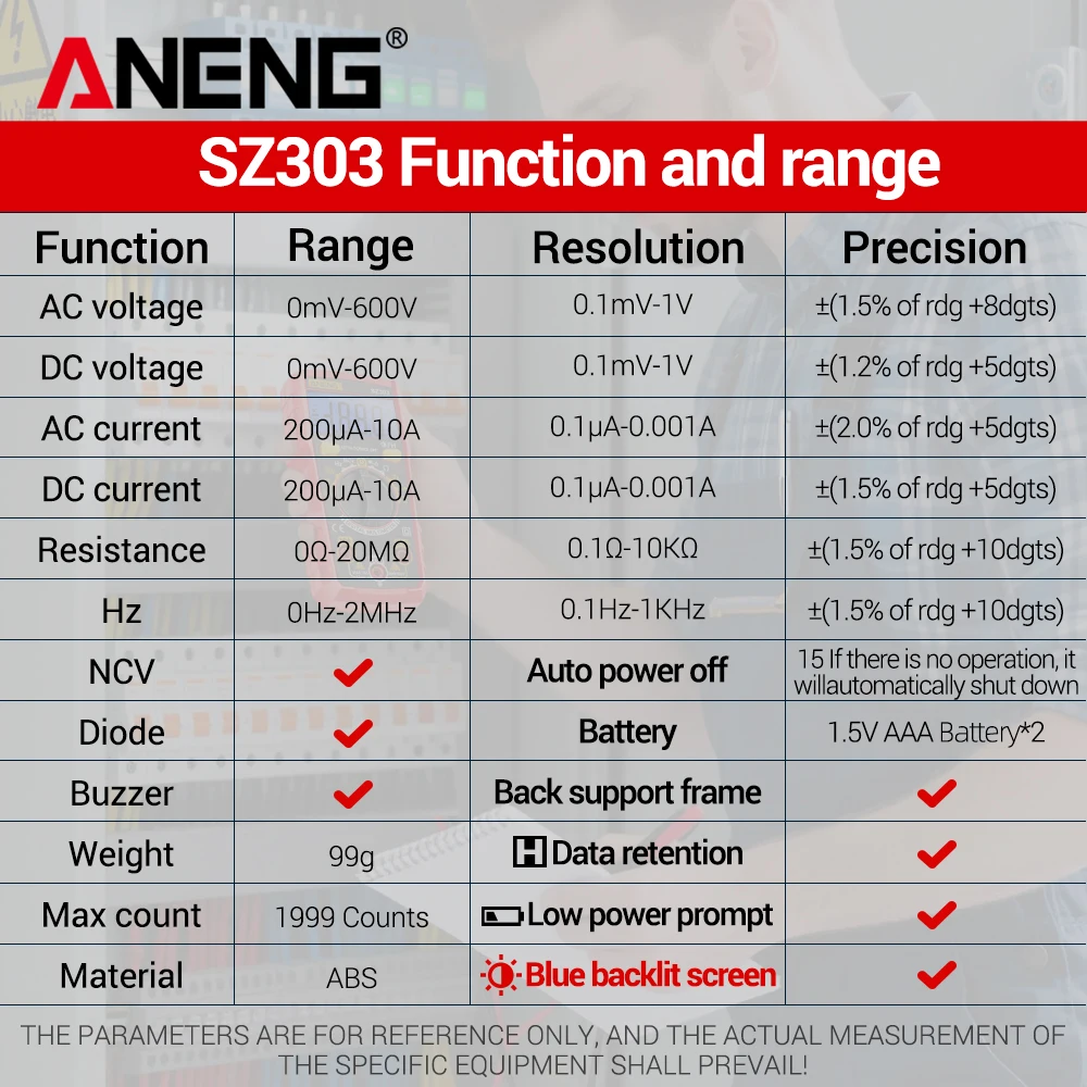 Multimeter Digital ANENG SZ303 Presisi Tinggi Pengukur Arus Resistansi Profesional Penguji Tegangan Arus AC/DC Peralatan Listrik ﻿