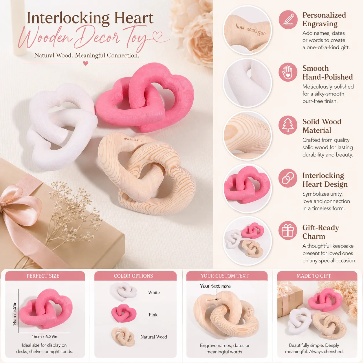 Double-ring heart-shaped custom wooden ornament, personalized laser-engraved text, DIY wedding and couple anniversary gift view 5