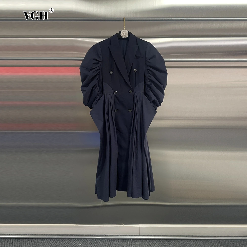 

VGH темно-синие французские элегантные пальто для женщин, туника с лацканами и роговими рукавами, двубортная дизайнерская ветровка, женская осень
