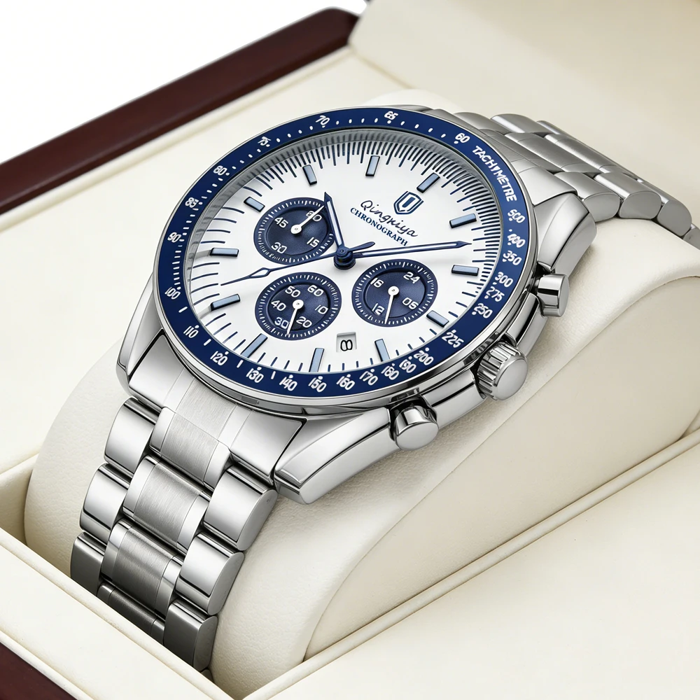 Reloj de cuarzo de marca de lujo para hombre, resistente al agua, luminoso, de acero inoxidable, cronógrafo de 24 horas, con fecha, para negocios.