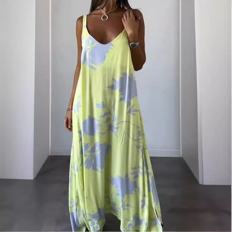 

Loose Printed Dress Fashion Deep V-neck Sleeveless Paghetti Strap Big Hem Long Dresses Casual Vacation Style Women's Clothing