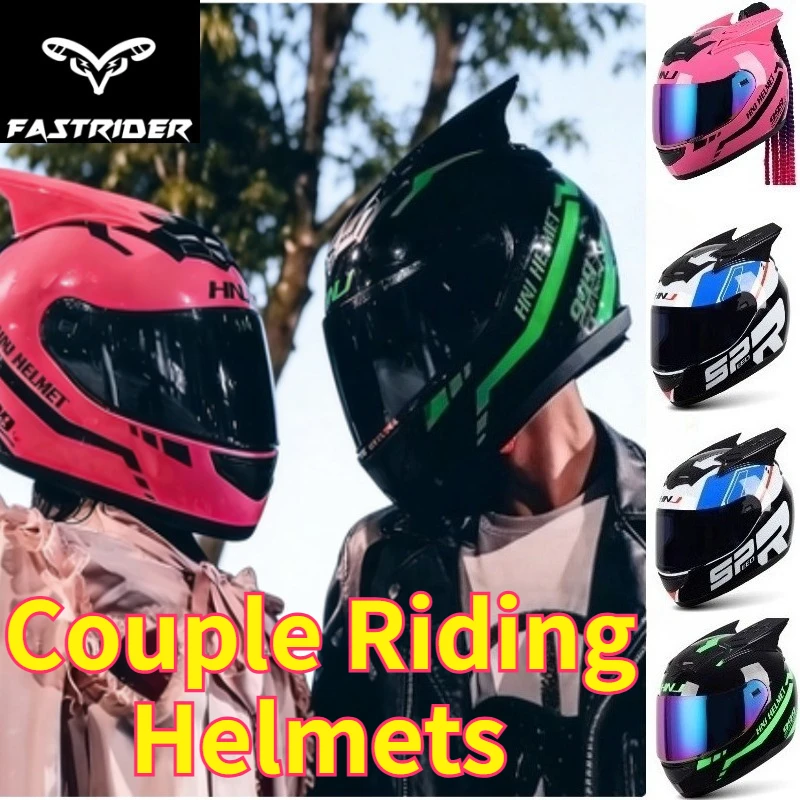 Full Face Motorcycle Helmet for Men Women | Personality Horn Pink Riding Helmet with DOT Certification | Couple Riding Helmets