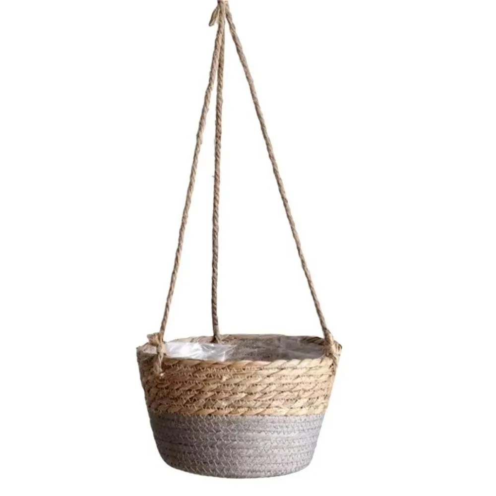 

Practical Handwoven Straw Hanging Basket Handmade Waterproof Woven Flower Basket Decorative Macrame Plant Storage Basket Garden