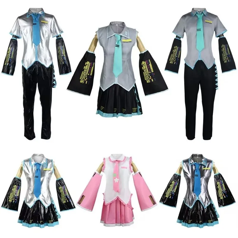 

Hatsune Miku Cosplay Full Set Silver Leather Fabric Suit Headwear Costume Outfit JK Sailor Dress High School Uniform Hallow gift