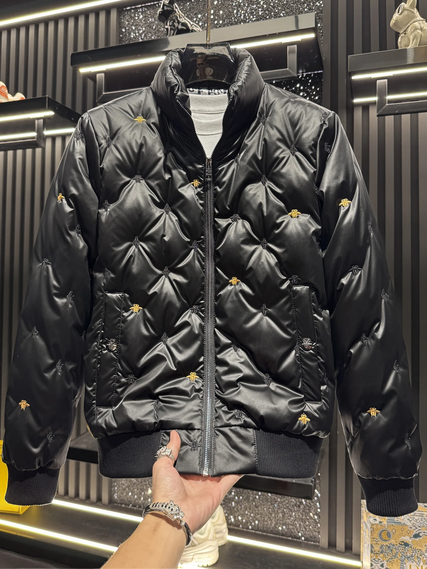 

Embroidered Stand Collar down Jacket Men's Fashionable Warm White Duck Feather Padded Coat Premium Polyester Fabric