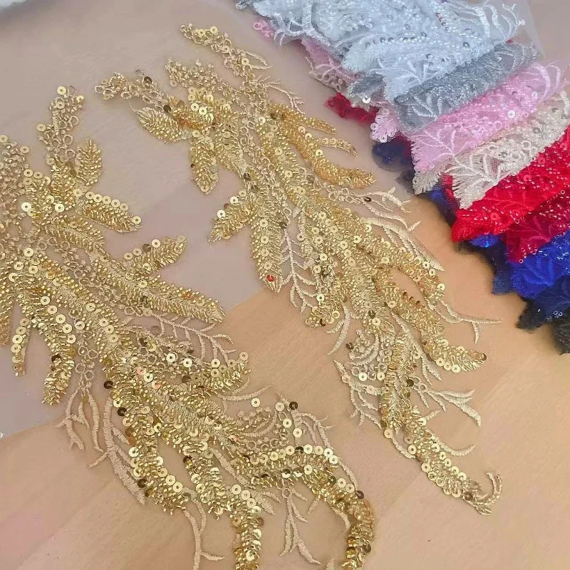Beaded Sequins 3D Decals Mirror Flower Lace Fabric Evening Dress Front Chest Back Applique Patch Decoration.Sewing DIY Dress