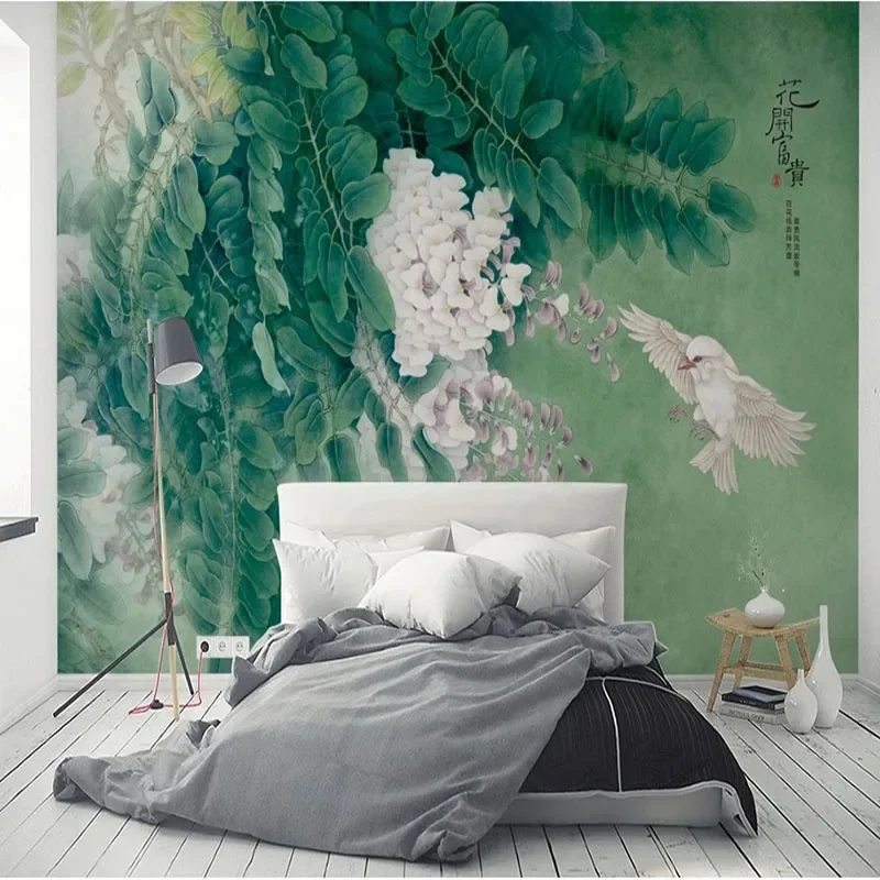 

Custom Mural 3D Green Classical Wisteria Ribbon Meticulous Painting Background Wall Home Papel De Parede papel pintado de pared