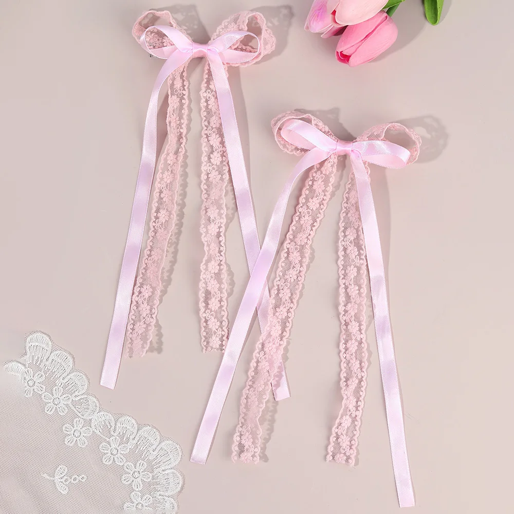 2 Stuks Witte Kant Boog Haarspeldjes Bloem Borduren Lange Lint Haarspelden Zoete Bloemen Barrette Meisjes Kinderen Hoofddeksels Accessoires