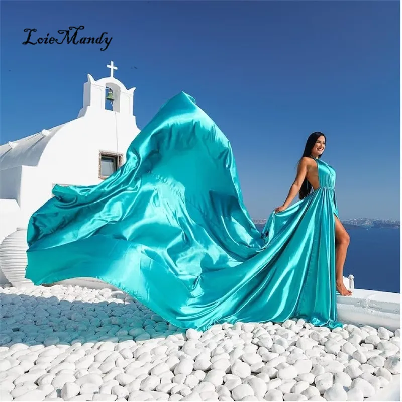 Halter Vliegende Avondjurk Voor Fotoshoot Elegante Backless Santorini Zwangerschapsfeestjurk Formele Bruiloft Lange Treinjurk