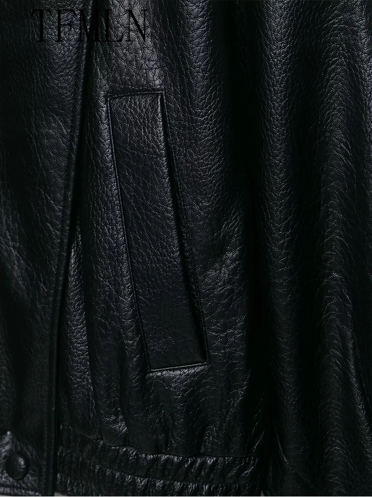 TFMLN 2025 المرأة فو الجلود سترة فضفاضة شارع العليا الوقوف طوق معطف طويل الأكمام موضة السببية سستة أبلى الخريف الشتاء #6