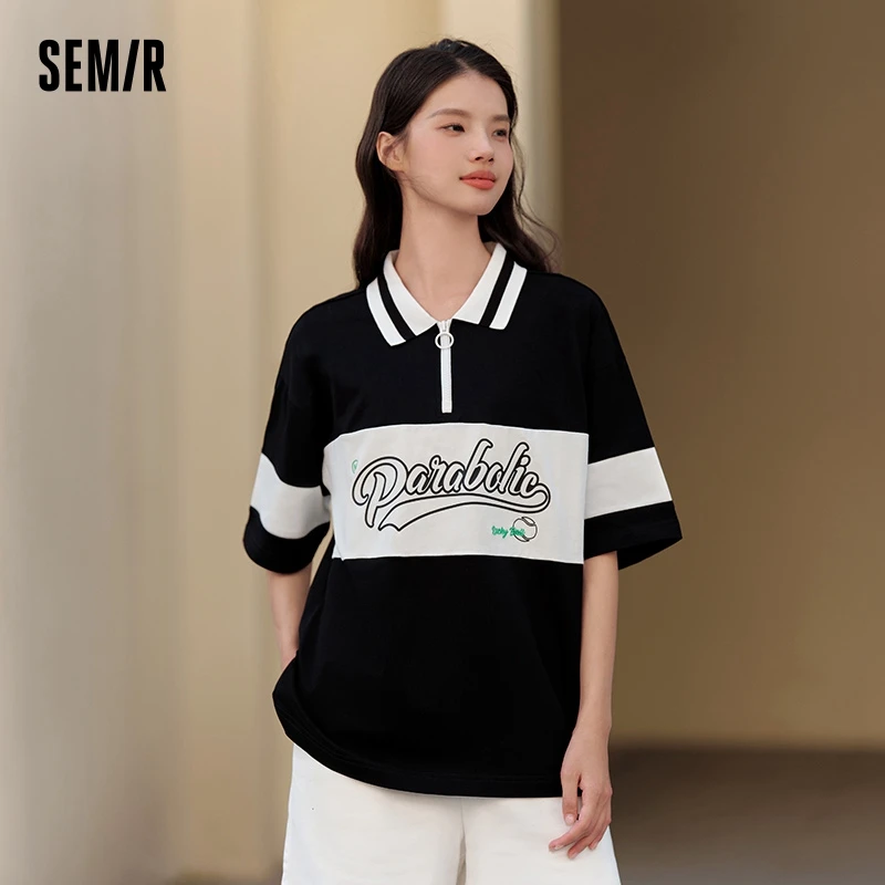 Semir Polo Shirt Women Medium-Length Colour Blocking Letters College Style Clothes Summer Loose Pullover Girls Casual Fashion