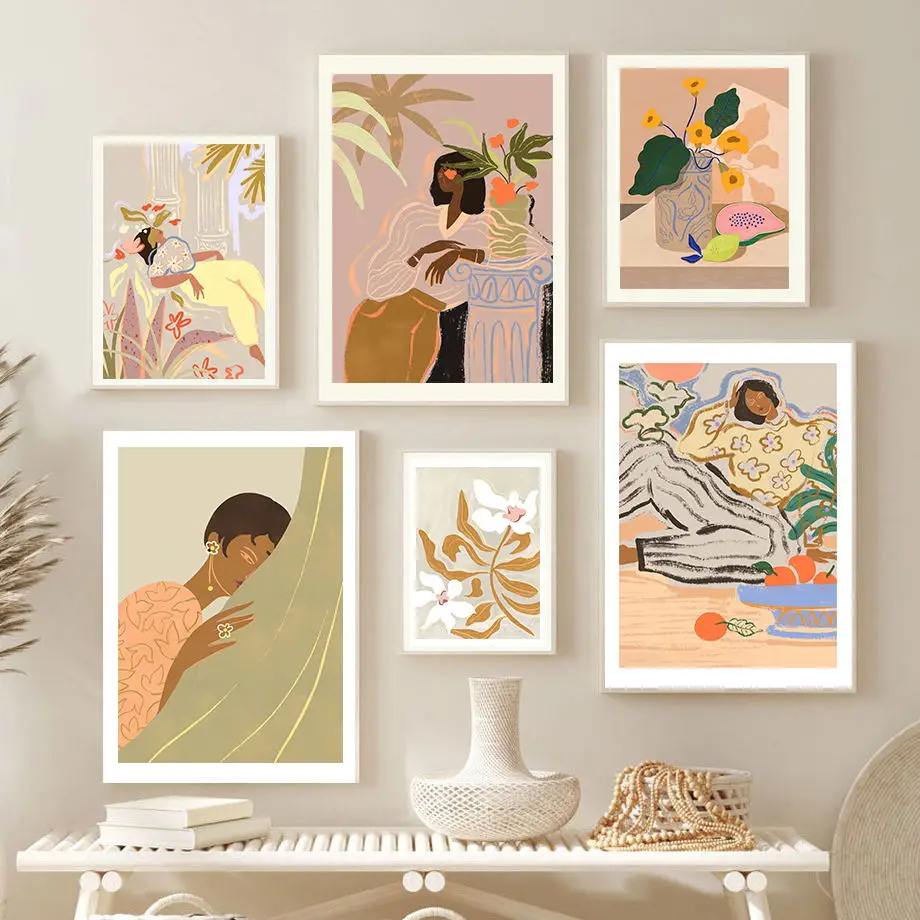 

Abstract Lazy Woman Dance Flower Lemon Papaya Fruits Wall Art Print Canvas Painting Nordic Poster Pictures For Living Room Decor