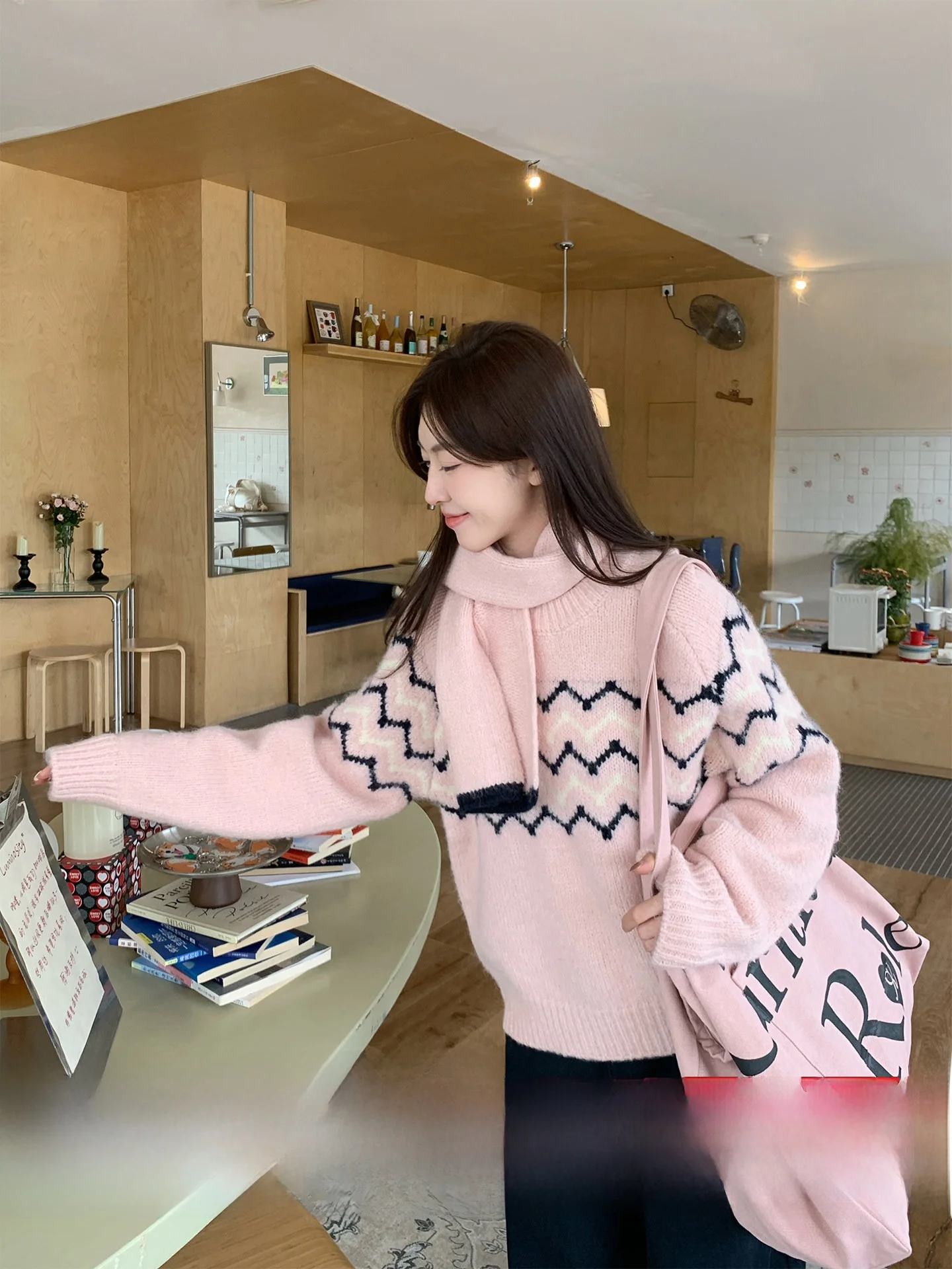 

Morning Bloom Pink Fair Isle Knit Sweater Women's Winter Faion Korean Sle Soft Knitted Top Warm Cozy Long Sve round Ne