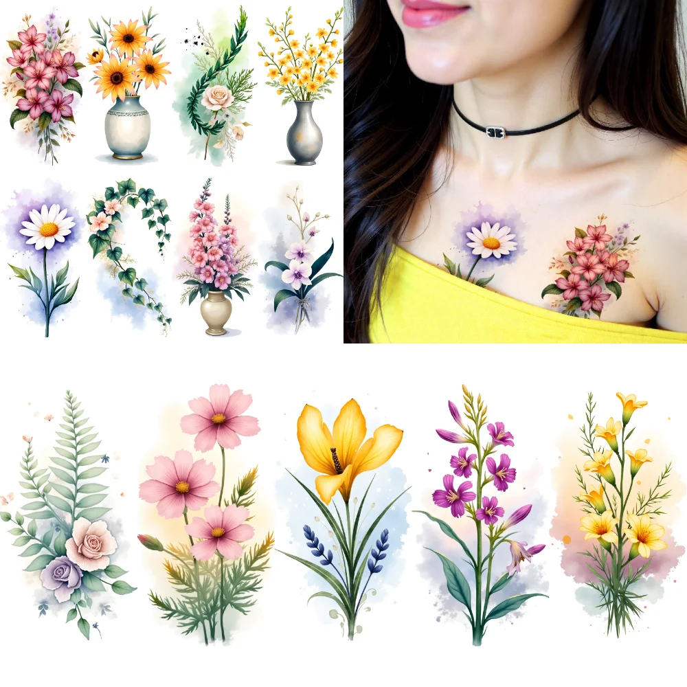 

9pcs Temporary Tattoo Floral Designs Waterproof Long-lasting Body Stickers Flower Art Watercolor For Shoulders Cheeks Girls