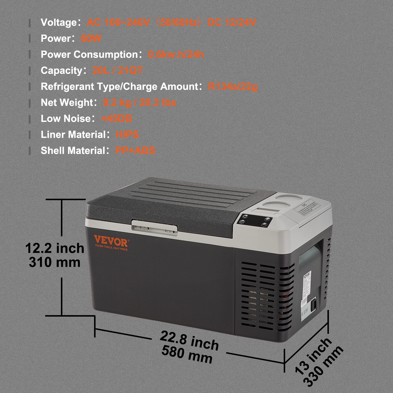 VEVOR 20L Draagbare Auto Koelkast Vriezer Compressor Ijsbox 21Qt Single Zone Mini Koelkast Koeler voor Auto Thuis Outdoor Trval